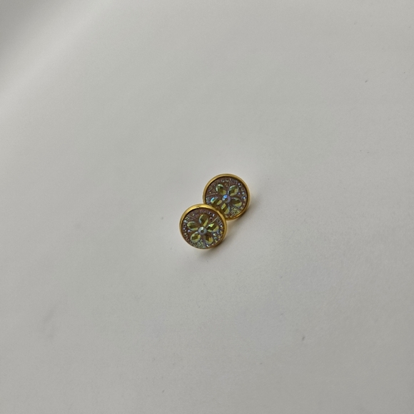 Gold Floral Stud Earrings – Iridescent Crystal Flower Round Posts - Picture 3 of 5
